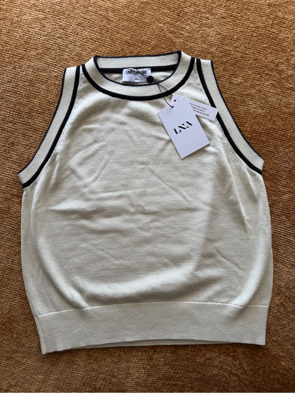 LNA Cream Knit Tank with Black Contrast Trim